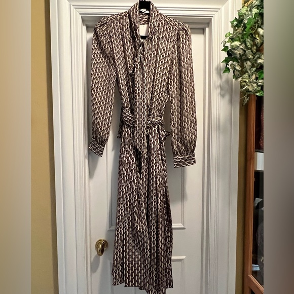 NWT Zara Brown Print Midi Dress Size XL Stunner! Bow Tie shirt dress long sleeve - Picture 6 of 16